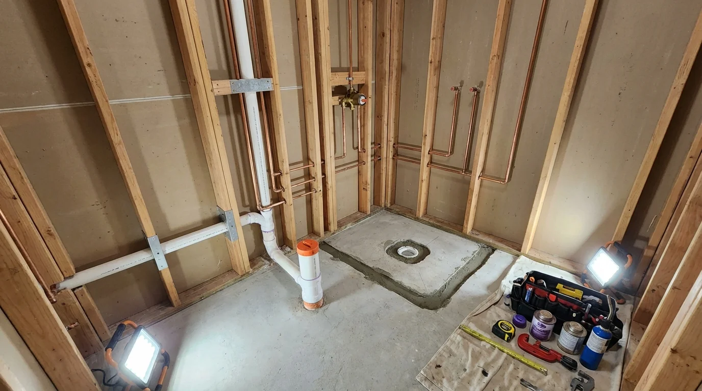 Bathroom rough-in plumbing during remodel by Johns Plumbing LLC in Schuylkill Haven