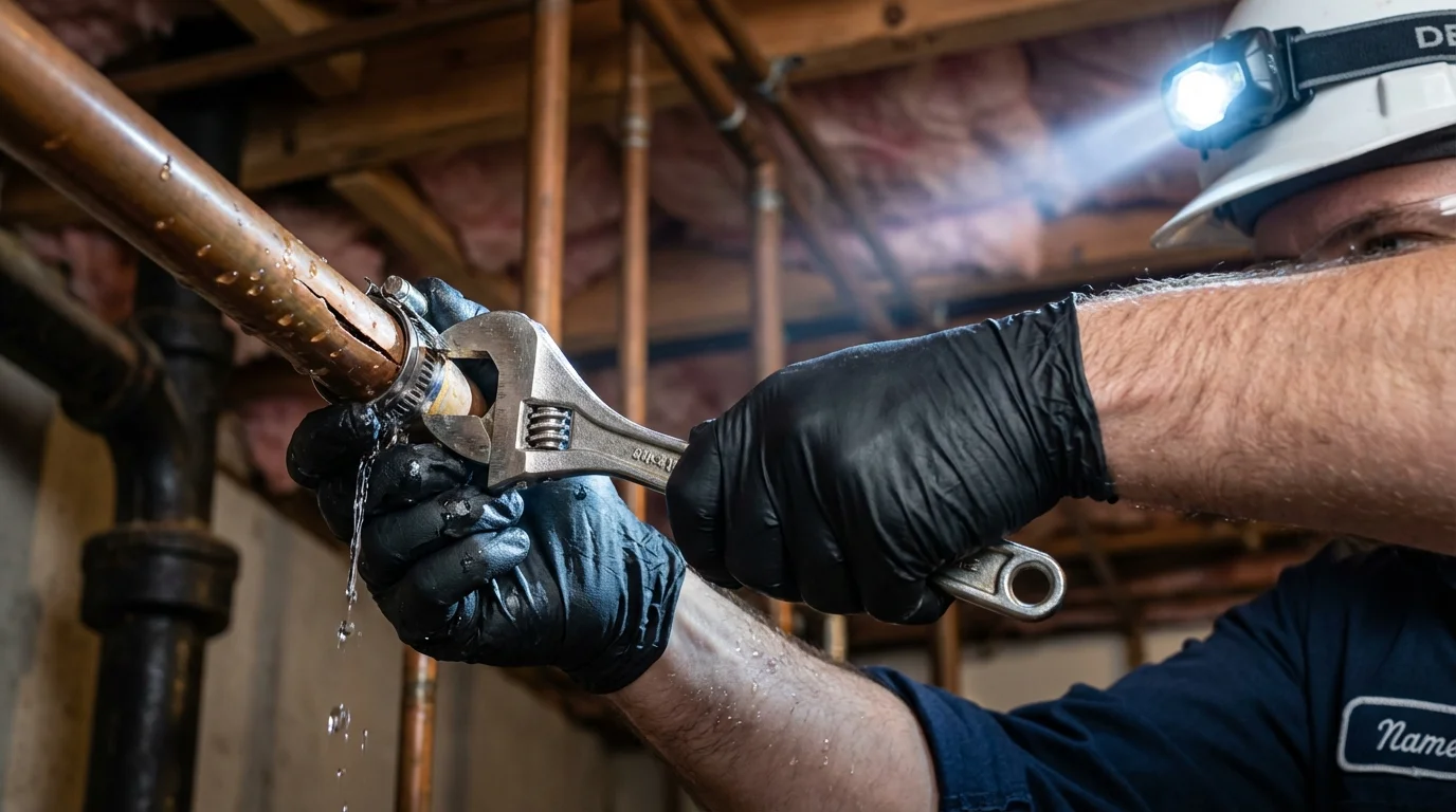 Emergency pipe clamp repair being performed by a Johns Plumbing LLC plumber in Schuylkill Haven