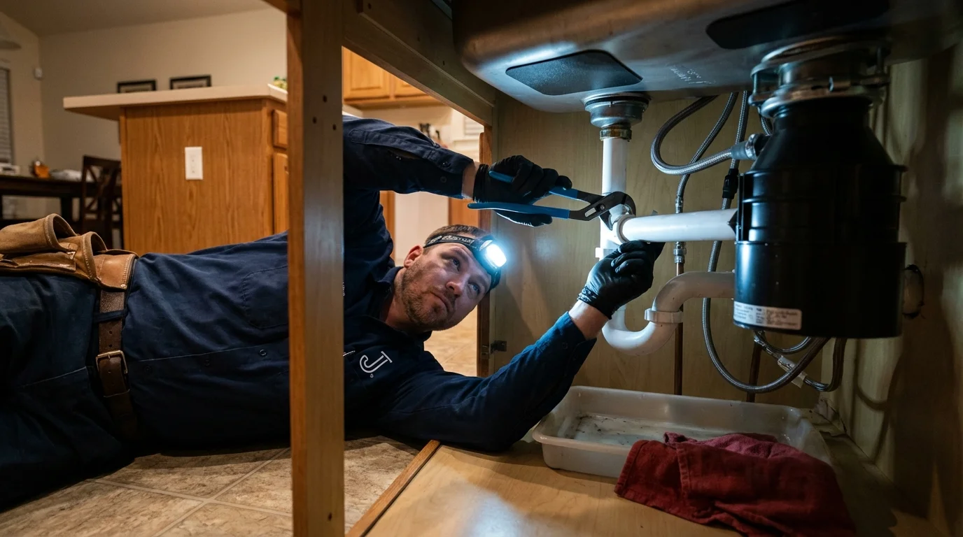 P-trap and supply line connections under a kitchen sink showing a common leak point in Schuylkill Haven, PA